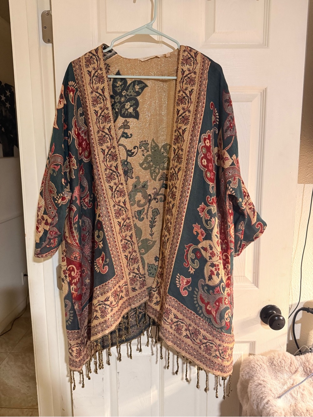 Soft Surroundings Tapestry Kimono Jacket Metallic Shimmer Fringe Duster L/XL New